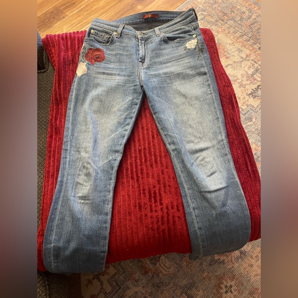 7 For All Mankind Indigo Denim Embroidered Jeans - Picture 1 of 6